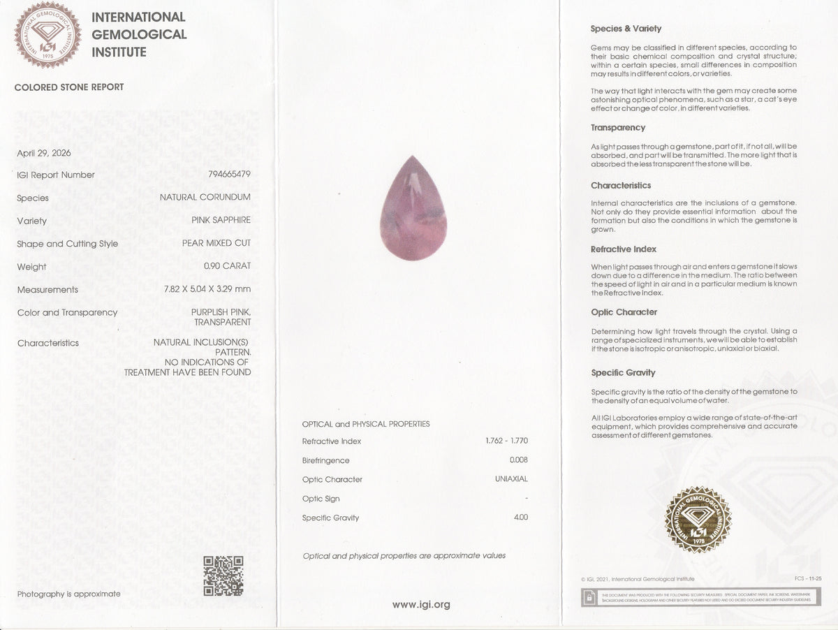 Natural Pink Sapphire 0.90 Carat 7.8x5 MM Pear Shape Faceted IGI Certified Gemstone