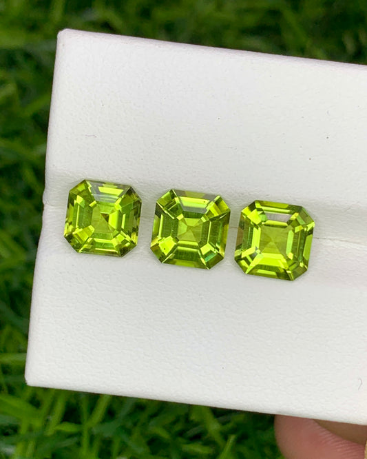 Natural Peridot Lot 4.49 Carat 7x7/6.8x6.8 MM Asscher Cut Faceted Gemstone 3 Pieces Lot