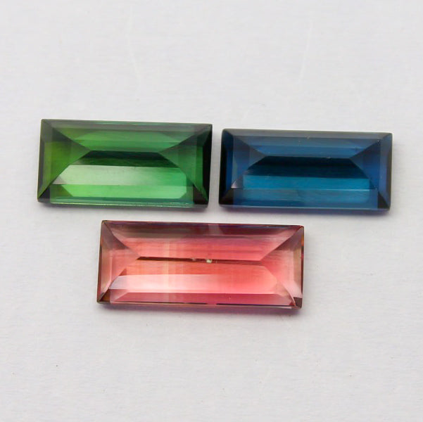 Natural Pink,Blue and Green Tourmaline lot 5.15 Carat 11.5x5/10x4.5/10x5 MM Baguette Shape Faceted Gemstone 3 Piece Lot