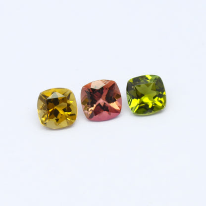 Natural Multi-color Tourmaline Lot 1.65 Carat 5x5 MM Cushion Shape Faceted Gemstone 3 Piece Lot