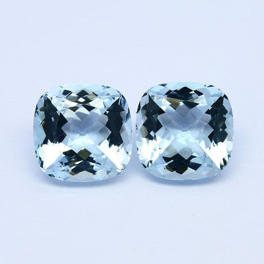 Natural Flawless Aquamarine Pair 8.02 Carat 10x10 MM Cushion Shape Faceted Gemstone Pair