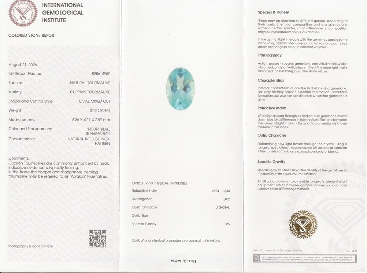 Natural Paraiba Tourmaline 0.45 Carat 6.3x4.3 MM Oval Shape Faceted Gemstone IGI Certified