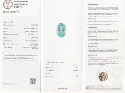 Natural Paraiba Tourmaline 0.45 Carat 6.3x4.3 MM Oval Shape Faceted Gemstone IGI Certified