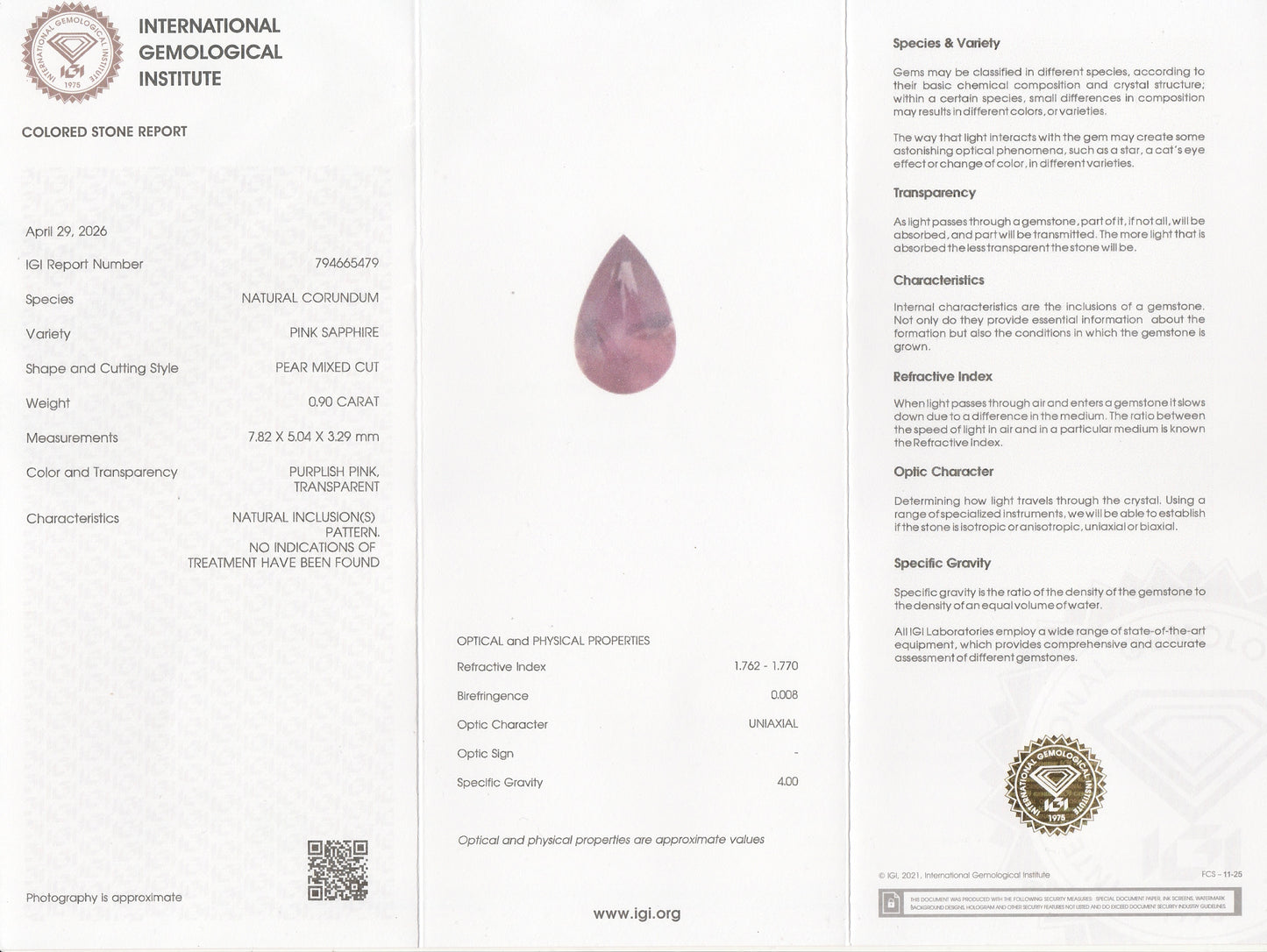 Natural Pink Sapphire 0.90 Carat 7.8x5 MM Pear Shape Faceted IGI Certified Gemstone