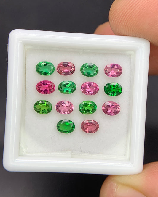 Natural Pink and Green Tourmaline Lot 2.19 Carat 4x3 MM Oval Shape Faceted Gemstone 14 Piece Lot 