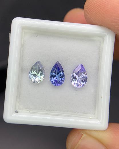 Natural Bi Color/Blue/Pink Tanzanite Lot 1.77 Carat Mix Size Pear Shape Faceted Gemstone 3 Piece Lot 