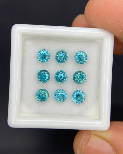 Natural Cambodian Blue Zircon Lot 4.52 Carat 4x4 MM Round Shape Faceted Gemstone 9 Piece Lot 