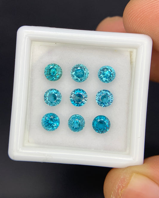 Natural Cambodian Blue Zircon Lot 4.69 Carat 4x4 MM Round Shape Faceted Gemstone 9 Piece Lot