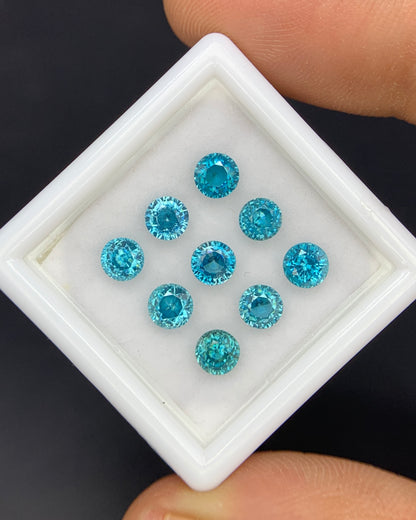 Natural Cambodian Blue Zircon Lot 4.69 Carat 4x4 MM Round Shape Faceted Gemstone 9 Piece Lot