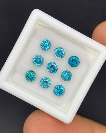 Natural Cambodian Blue Zircon Lot 4.69 Carat 4x4 MM Round Shape Faceted Gemstone 9 Piece Lot