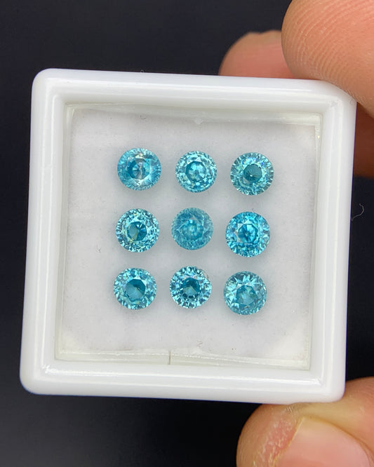 Natural Cambodian Blue Zircon Lot 4.55 Carat 4x4 MM Round Shape Faceted Gemstone 9 Piece Lot 