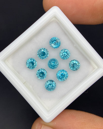 Natural Cambodian Blue Zircon Lot 4.55 Carat 4x4 MM Round Shape Faceted Gemstone 9 Piece Lot 