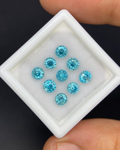 Natural Cambodian Blue Zircon Lot 4.55 Carat 4x4 MM Round Shape Faceted Gemstone 9 Piece Lot 