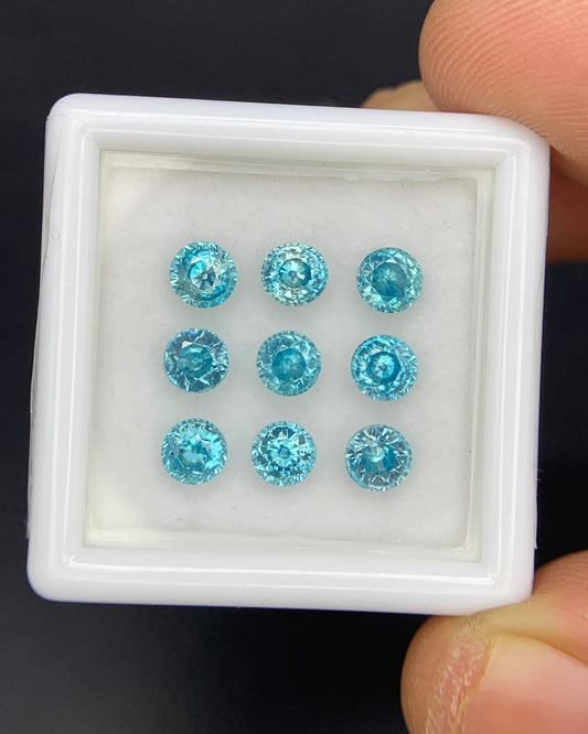 Natural Cambodian Blue Zircon Lot 4.51 Carat 4x4 MM Round Shape Faceted Gemstone 9 Piece Lot 