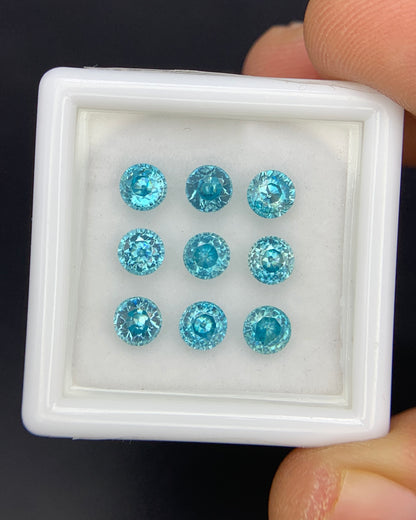 Natural Cambodian Blue Zircon Lot 4.51 Carat 4x4 MM Round Shape Faceted Gemstone 9 Piece Lot 