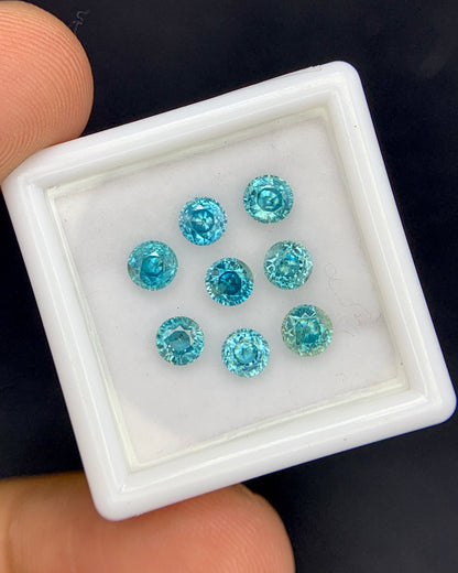 Natural Cambodian Blue Zircon Lot 3.89 Carat 4x4 MM Round Shape Faceted Gemstone 8 Piece Lot 