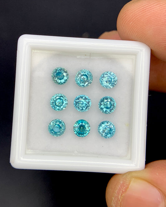 Natural Cambodian Blue Zircon Lot 4.47 Carat 4x4 MM Round Shape Faceted Gemstone 9 Piece Lot 