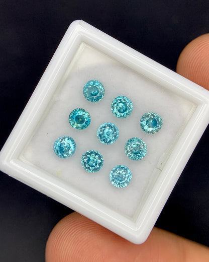 Natural Cambodian Blue Zircon Lot 4.47 Carat 4x4 MM Round Shape Faceted Gemstone 9 Piece Lot 