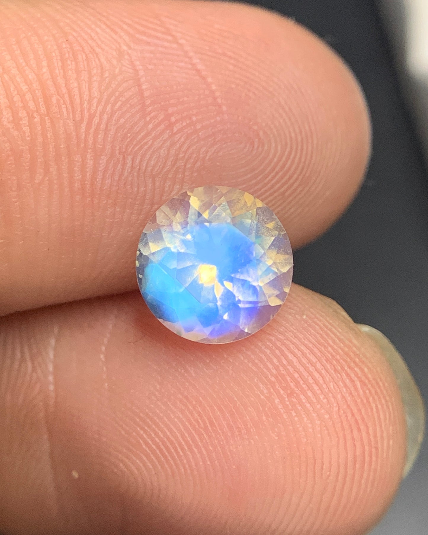 Natural Blue Fire Rainbow Moonstone 1.51 Carat 7.5x7.5 MM Round Shape Faceted Gemstone 