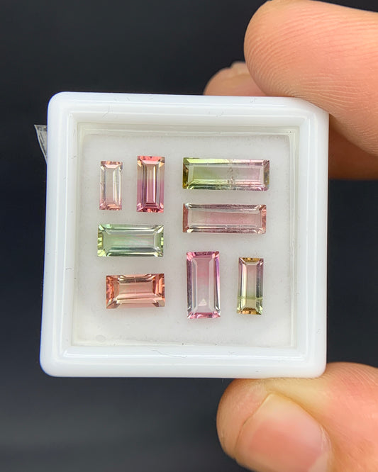 Natural Bi Color Tourmaline Lot 3.48 Carat Mix Size Baguette Shape Faceted Gemstone 8 Piece Lot 