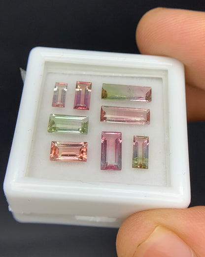Natural Bi Color Tourmaline Lot 3.48 Carat Mix Size Baguette Shape Faceted Gemstone 8 Piece Lot 