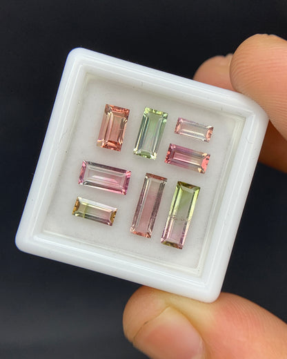 Natural Bi Color Tourmaline Lot 3.48 Carat Mix Size Baguette Shape Faceted Gemstone 8 Piece Lot 