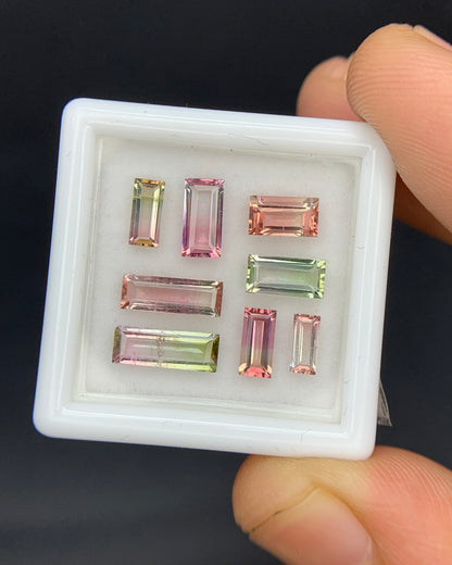 Natural Bi Color Tourmaline Lot 3.48 Carat Mix Size Baguette Shape Faceted Gemstone 8 Piece Lot 