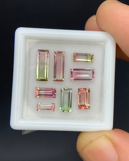 Natural Bi Color Tourmaline Lot 3.48 Carat Mix Size Baguette Shape Faceted Gemstone 8 Piece Lot 