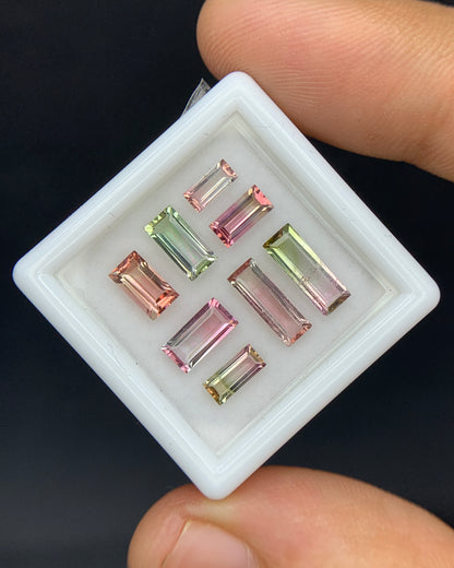 Natural Bi Color Tourmaline Lot 3.48 Carat Mix Size Baguette Shape Faceted Gemstone 8 Piece Lot 