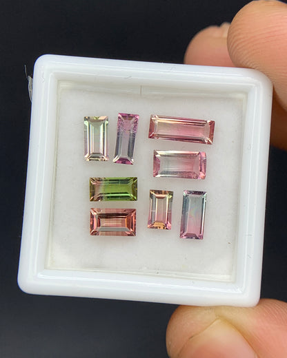 Natural Bi Color Tourmaline Lot 2.91 Carat Mix Size Baguette Shape Faceted Gemstone 8 Piece Lot