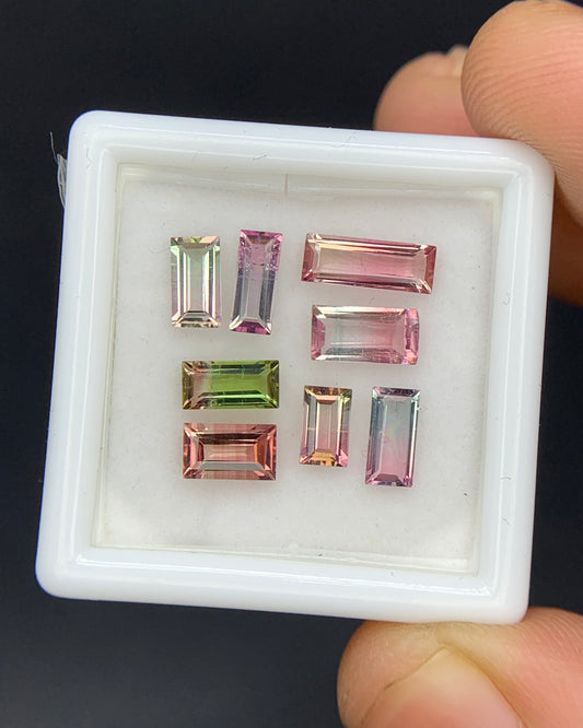 Natural Bi Color Tourmaline Lot 2.91 Carat Mix Size Baguette Shape Faceted Gemstone 8 Piece Lot