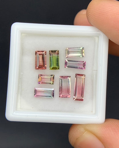 Natural Bi Color Tourmaline Lot 2.91 Carat Mix Size Baguette Shape Faceted Gemstone 8 Piece Lot