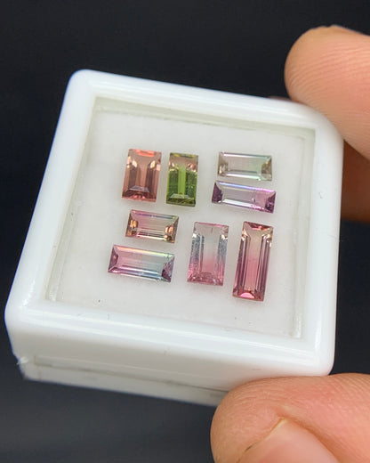 Natural Bi Color Tourmaline Lot 2.91 Carat Mix Size Baguette Shape Faceted Gemstone 8 Piece Lot