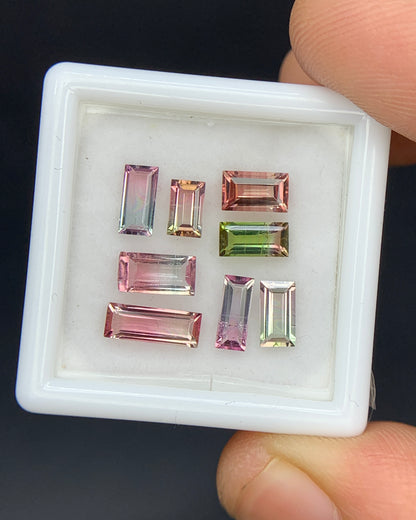 Natural Bi Color Tourmaline Lot 2.91 Carat Mix Size Baguette Shape Faceted Gemstone 8 Piece Lot