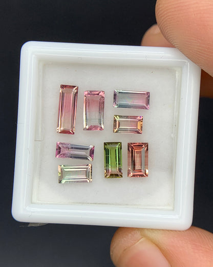 Natural Bi Color Tourmaline Lot 2.91 Carat Mix Size Baguette Shape Faceted Gemstone 8 Piece Lot