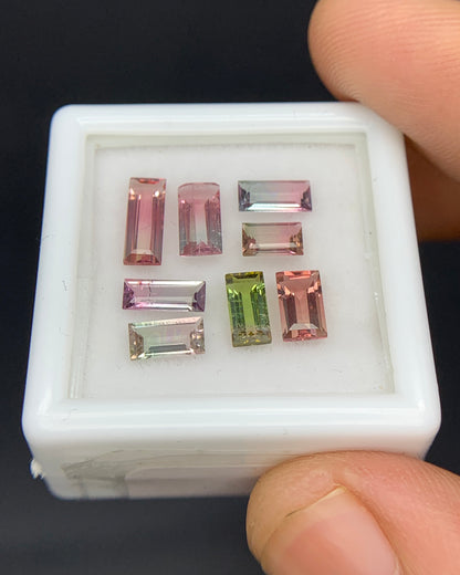 Natural Bi Color Tourmaline Lot 2.91 Carat Mix Size Baguette Shape Faceted Gemstone 8 Piece Lot
