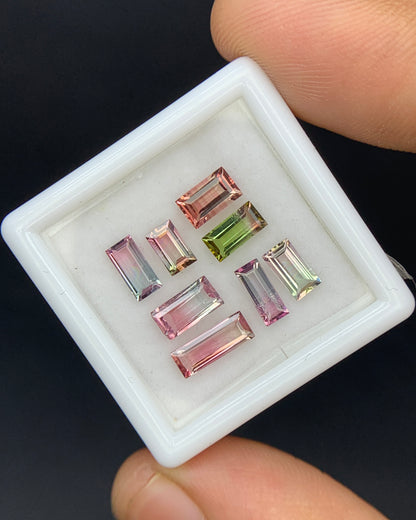 Natural Bi Color Tourmaline Lot 2.91 Carat Mix Size Baguette Shape Faceted Gemstone 8 Piece Lot
