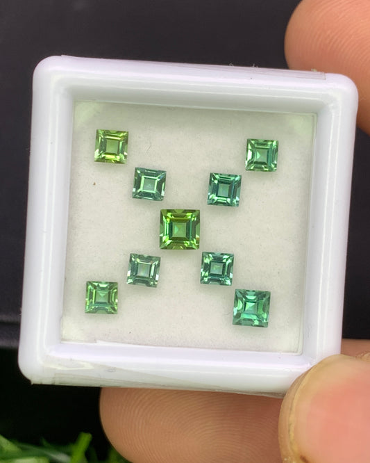 Natural Green Tourmaline Lot 1.47 Carat Mix Size Square Shape Faceted Gemstone 9 Piece Lot