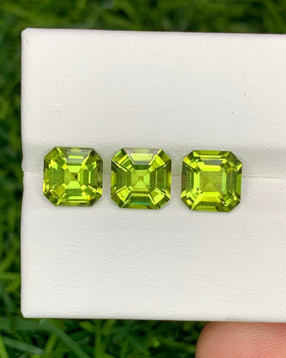 Natural Peridot Lot 4.49 Carat 7x7/6.8x6.8 MM Asscher Cut Faceted Gemstone 3 Pieces Lot