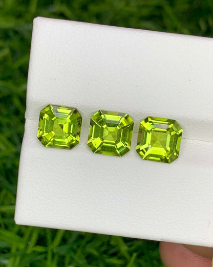 Natural Peridot Lot 4.49 Carat 7x7/6.8x6.8 MM Asscher Cut Faceted Gemstone 3 Pieces Lot