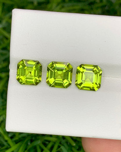 Natural Peridot Lot 4.49 Carat 7x7/6.8x6.8 MM Asscher Cut Faceted Gemstone 3 Pieces Lot