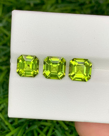 Natural Peridot Lot 4.49 Carat 7x7/6.8x6.8 MM Asscher Cut Faceted Gemstone 3 Pieces Lot
