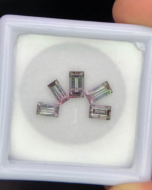 Natural Bi Color Tourmaline Lot 2.81 Carat Mix Size Baguette Shape Faceted Gemstone 5 Piece Lot 