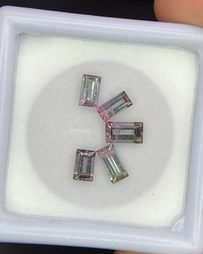 Natural Bi Color Tourmaline Lot 2.81 Carat Mix Size Baguette Shape Faceted Gemstone 5 Piece Lot 