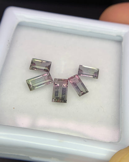 Natural Bi Color Tourmaline Lot 2.81 Carat Mix Size Baguette Shape Faceted Gemstone 5 Piece Lot 