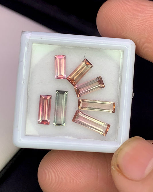 Natural Bi Color Tourmaline Lot 3.69 Carat Mix Size Baguette Shape Faceted Gemstone 7 Piece Lot