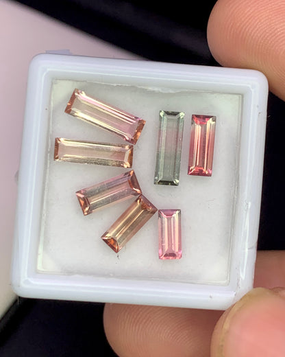 Natural Bi Color Tourmaline Lot 3.69 Carat Mix Size Baguette Shape Faceted Gemstone 7 Piece Lot