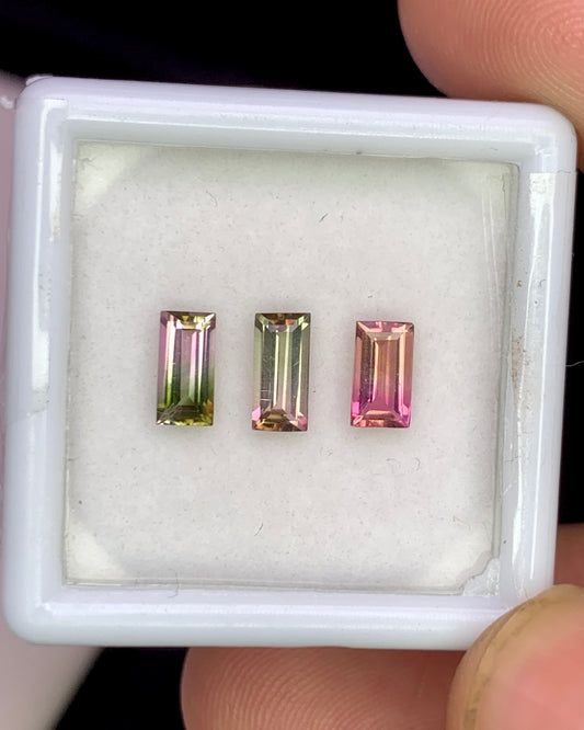 Natural Bi Color Tourmaline Lot 1.04 Carat Mix Size Baguette Shape Faceted Gemstone 3 Piece Lot 