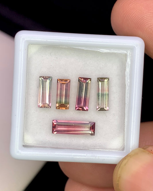 Natural Bi Color Tourmaline Lot 2.41 Carat Mix Size Baguette Shape Faceted Gemstone 5 Piece Lot 