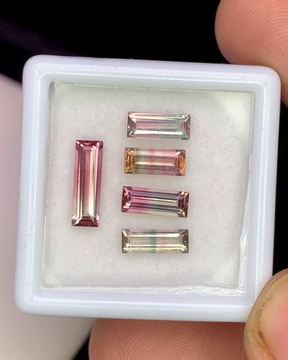 Natural Bi Color Tourmaline Lot 2.41 Carat Mix Size Baguette Shape Faceted Gemstone 5 Piece Lot 